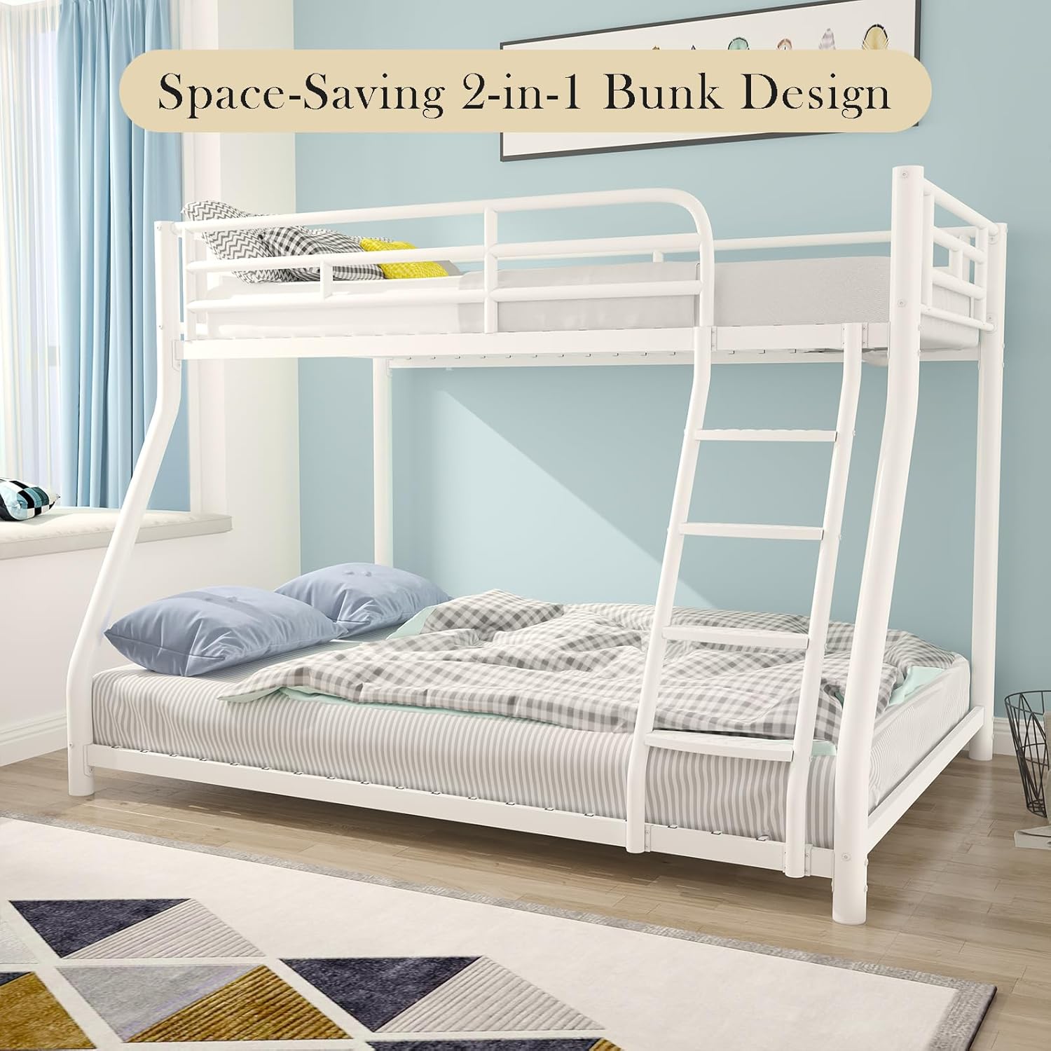 Metal Bunk Bed, Twin Over Full Bunk Bed with Safety Guardrail and Ladder, Bunk Beds Twin Over Full Size(White)