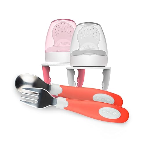 Dr. Brown's Alimentador de silicona Fresh Firsts diseñado para nutrir, coral y gris, paquete de 2 con cuchara y tenedor de agarre suave, color coral