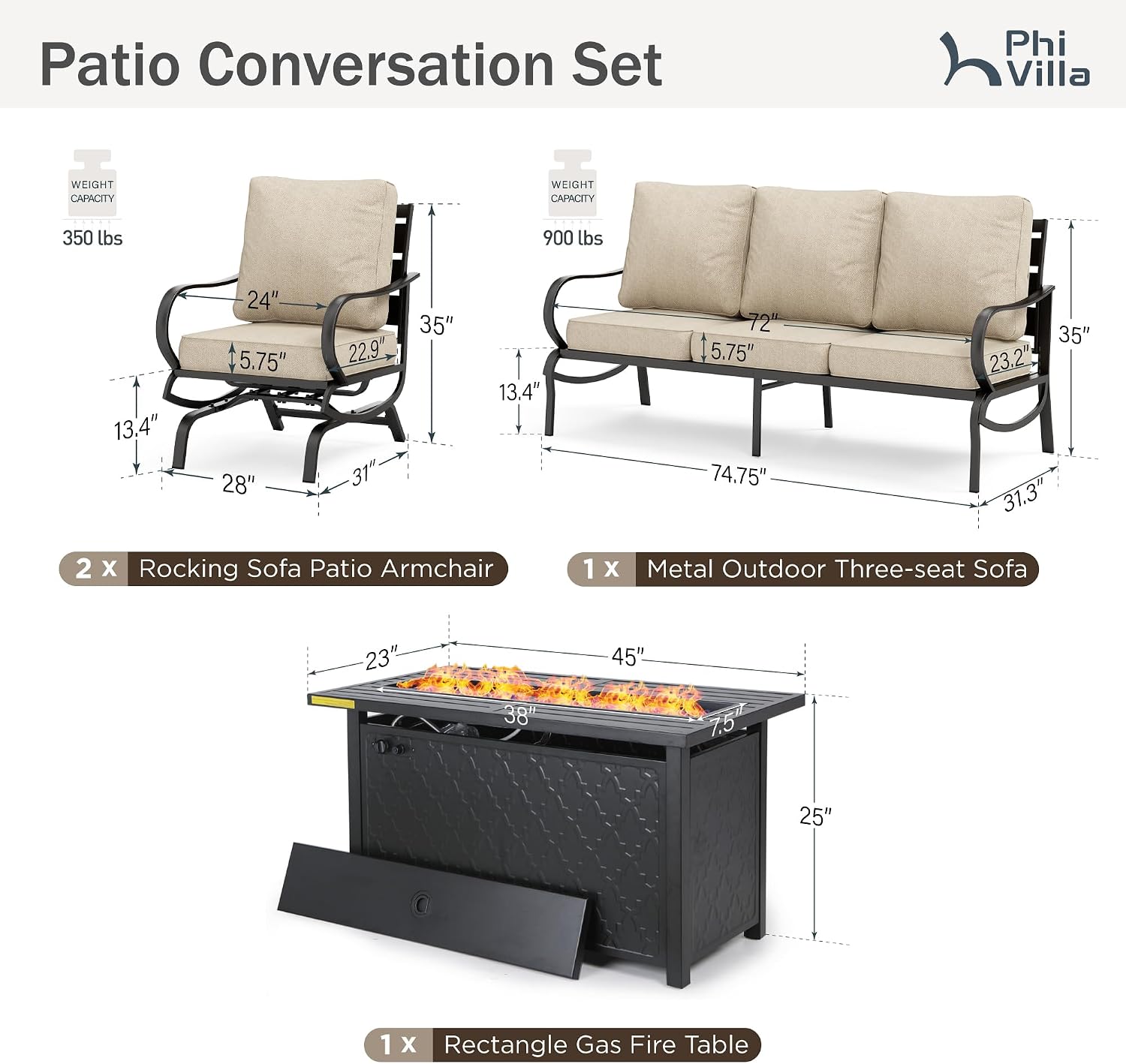 PHI VILLA 4 PCS Patio Furniture with FirePit Table, Outdoor Furniture Set with 1 x 45 Inch Metal Fire Table, 1 x 3 Seater Cushioned Deep Seating Bench & 2 x Motion Sofa Chairs