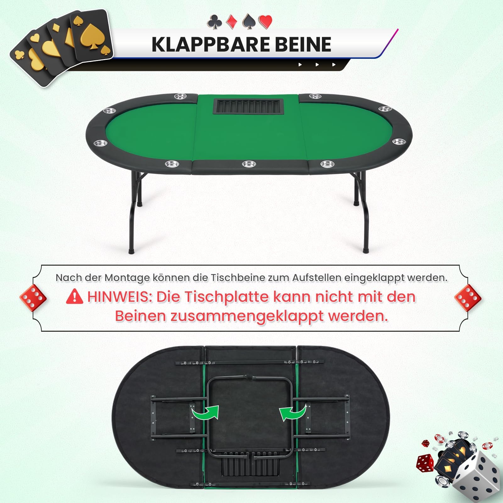 AVAWING Pokertisch Klappbar 9 Spieler, Spieltisch mit Getränkehalter aus Edelstahl, Grün