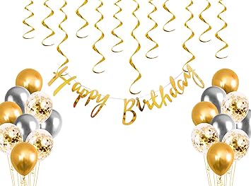 Party Propz Gold Silver Happy Birthday Decoration Kit For Boys & Girls Combo - 28Pcs Metallic Rubber Balloons, Confetti Balloon, Happy Bday Banner - Golden Theme Items For Decor