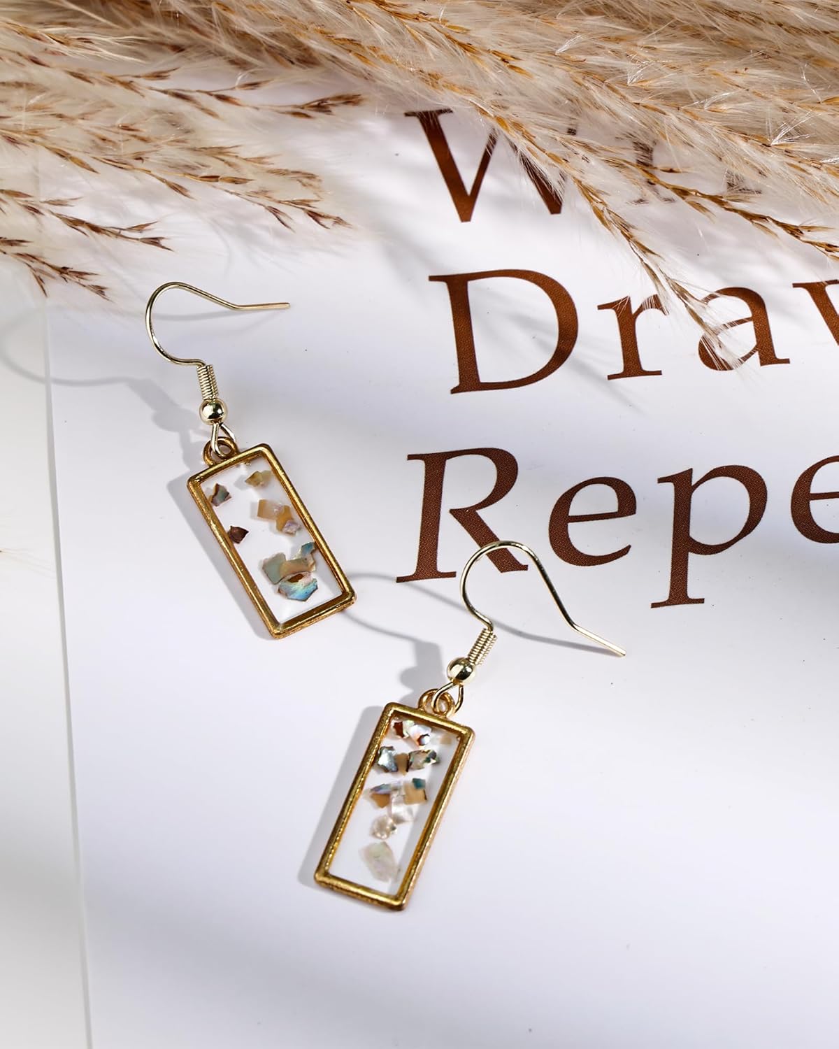 14K Gold Plated Dangle Earrings with Unique Geometric Inlay, Hypoallergenic Statement Earrings, Trendy Fashion Jewelry Gifts for Her - Image 5