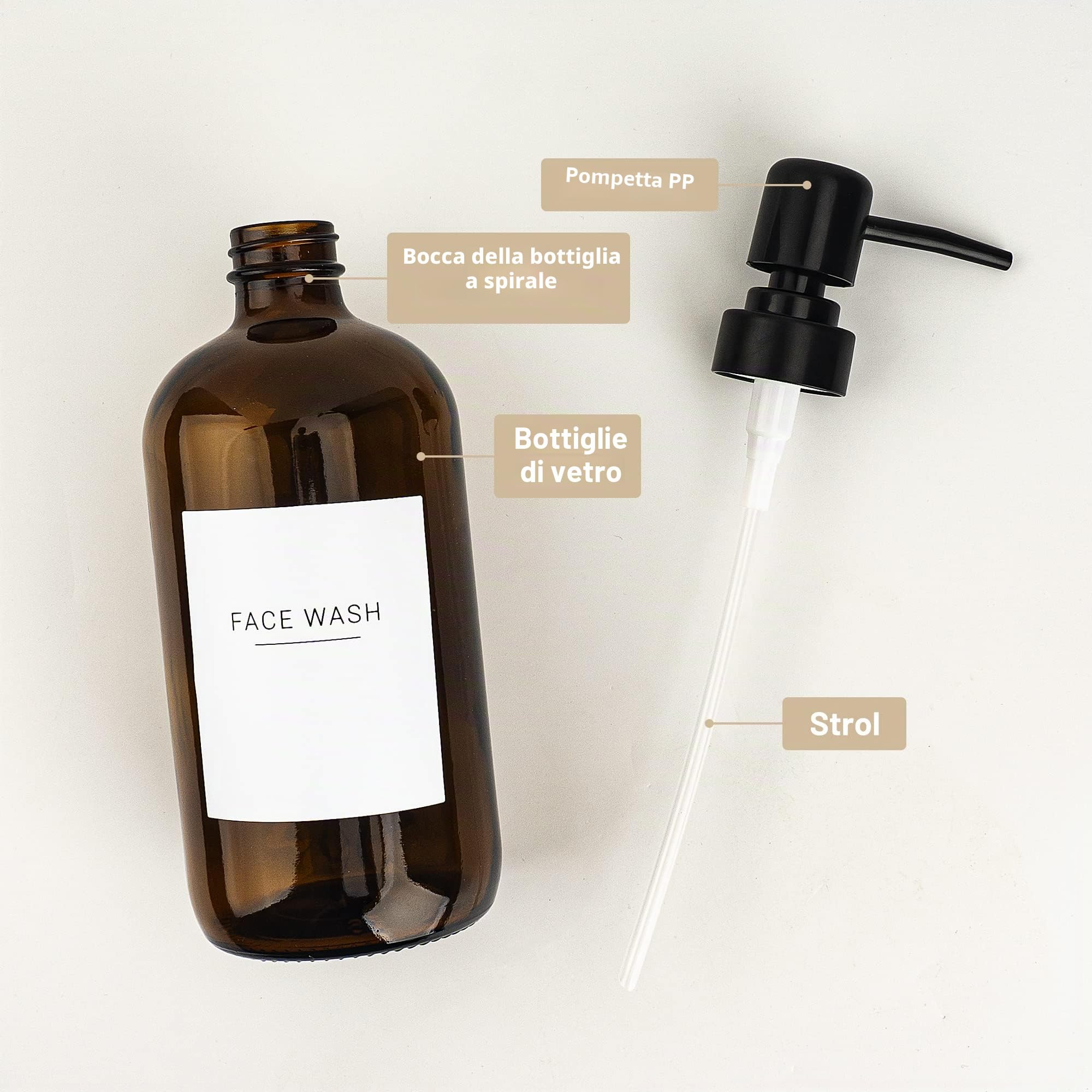 Set di 3 dispenser di sapone in vetro ambrato da 500 ml, con 22 etichette bianche, contenitore per bottiglie di liquido da bagno con pompa nera