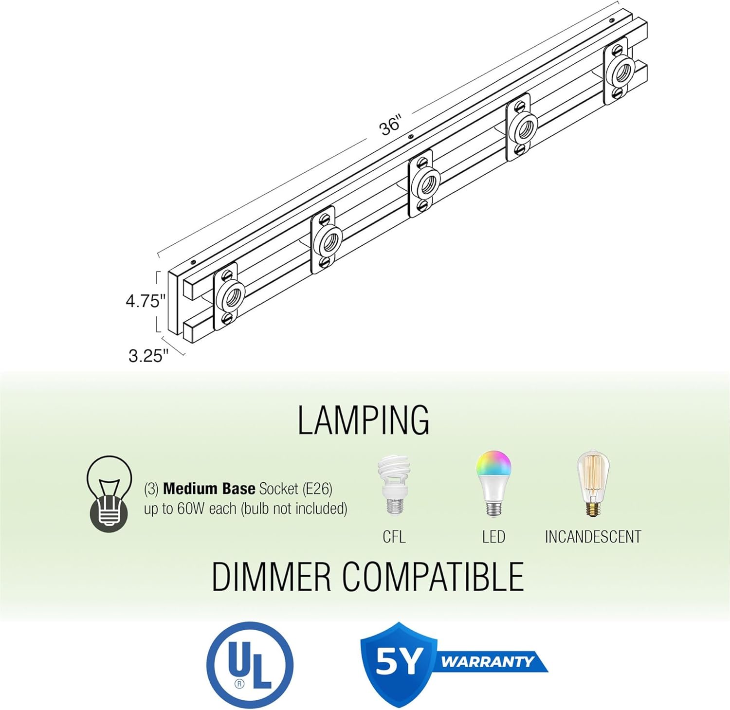 Kira Home Hogan 36" 5-Light Farmhouse Vanity/Bathroom Light Bar, Racetrack Bath Vanity, Open Design, Black + Smoked Birch Finish