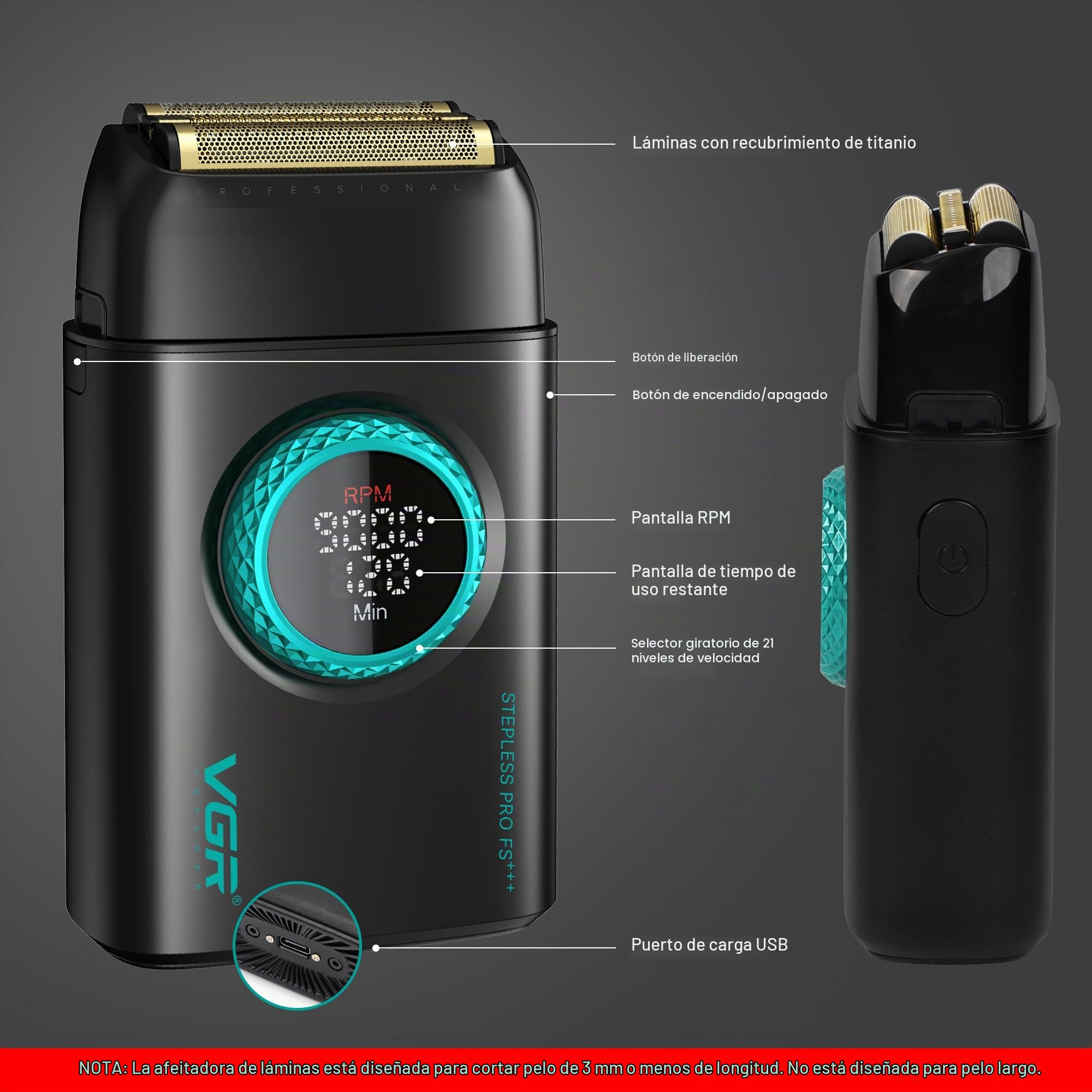 VGR Afeitadora y maquinilla de afeitar eléctrica profesional para hombres, cara, barba, cuello, decoloración de la piel y cabeza calva, recargable por USB-C, láminas de titanio flotantes dobles, 21