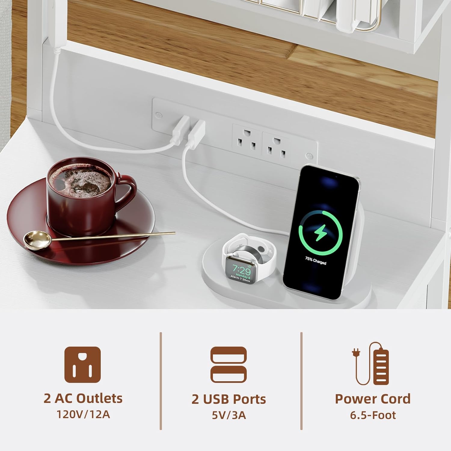 Somdot White Nightstand with Charging Station and LED Lights, Bedside Table Tall Night Stand with 4 Fabric Drawers and Top Shelf for Bedroom Guest Room Dorm Hallway