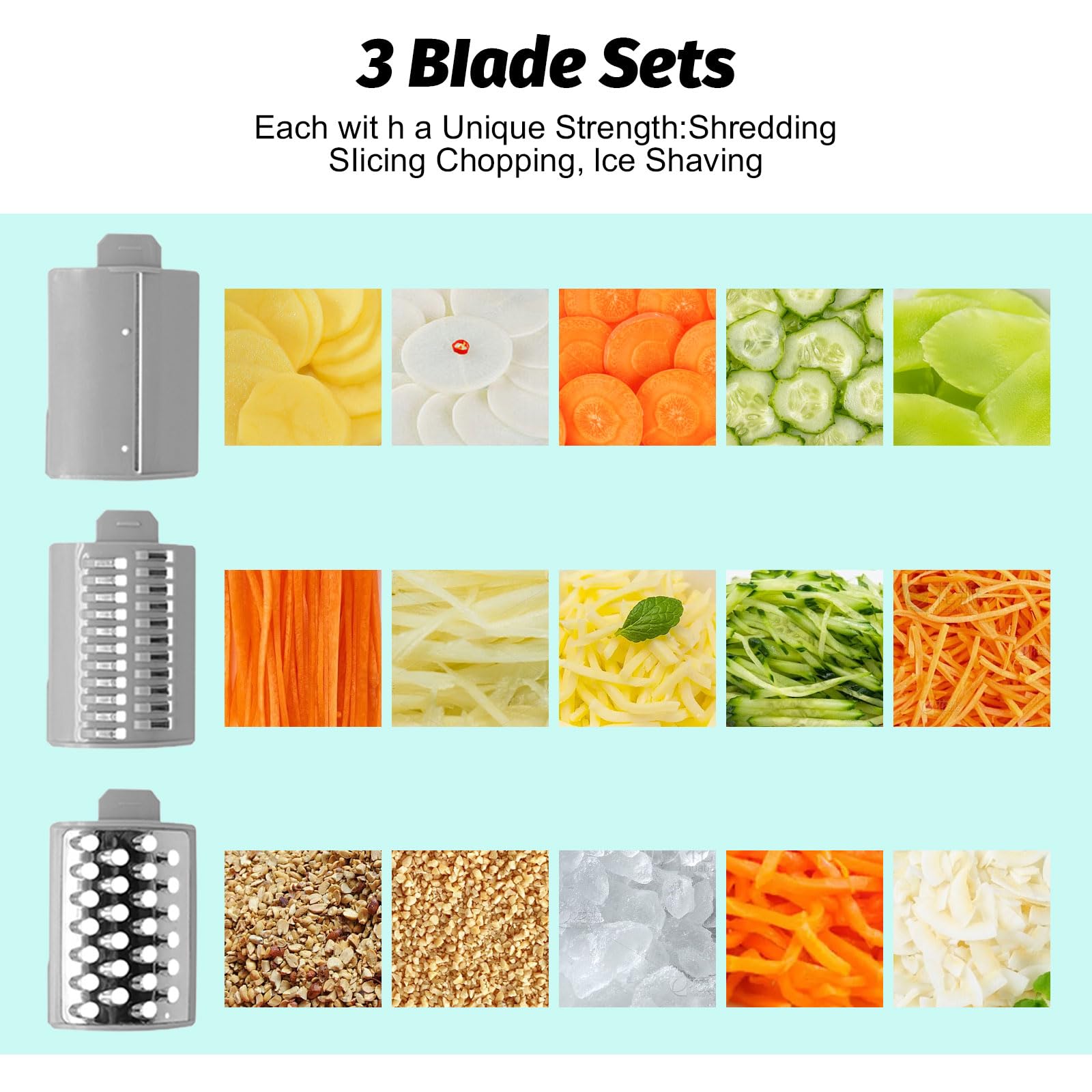 Cortadora de Verduras Eléctrica 3 en 1 de 50W, Mandolina de Cocina en Espiral con 3 Cuchillas Intercambiables, para Cortar, Rallar, Hacer Puré, Espiralizador de Verduras Fácil de Limpiar