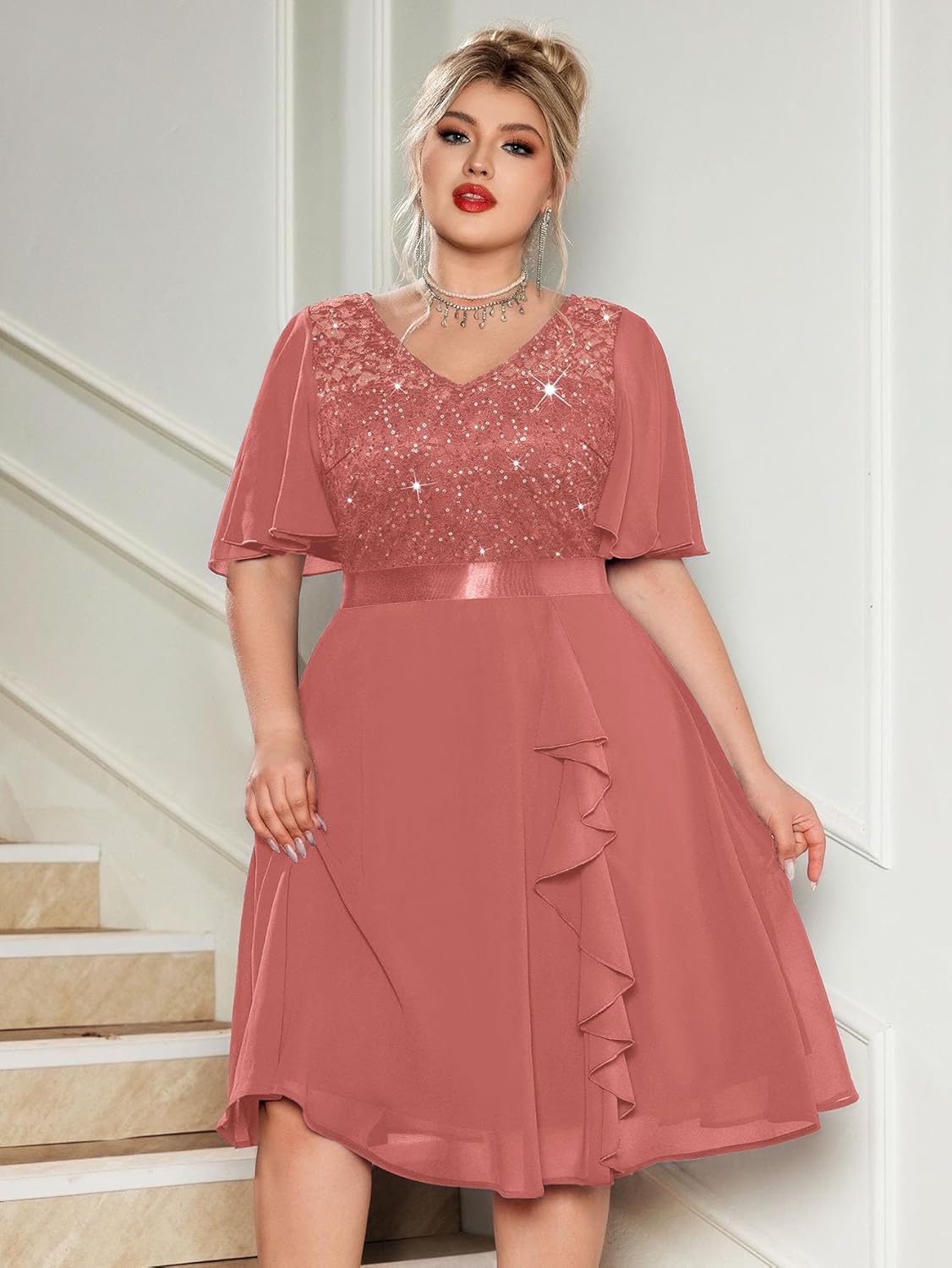 MISSMAY Women's Plus Size V-Neck Sequin Floral Lace Ruffle Style Cocktail Dress for Wedding Guest - Image 3