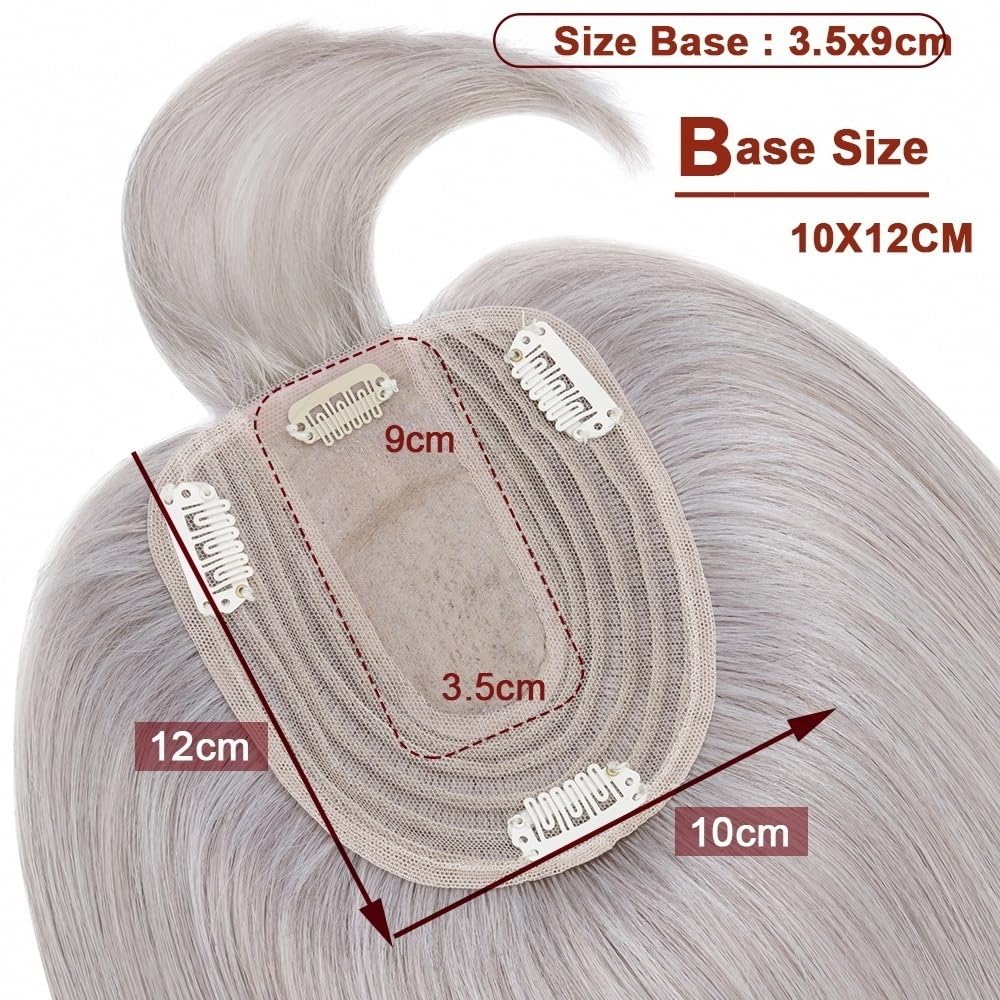 Haartopper für Frauen Echthaar-Topper mit Pony, graue Farbe, seidige glatte Haarteile, 10 x 12 cm, natürliche, weiche Seidenbasis, 130 % Dichte, indische Haar-Topper-Haarteile Haarteil(6 inches 27g)