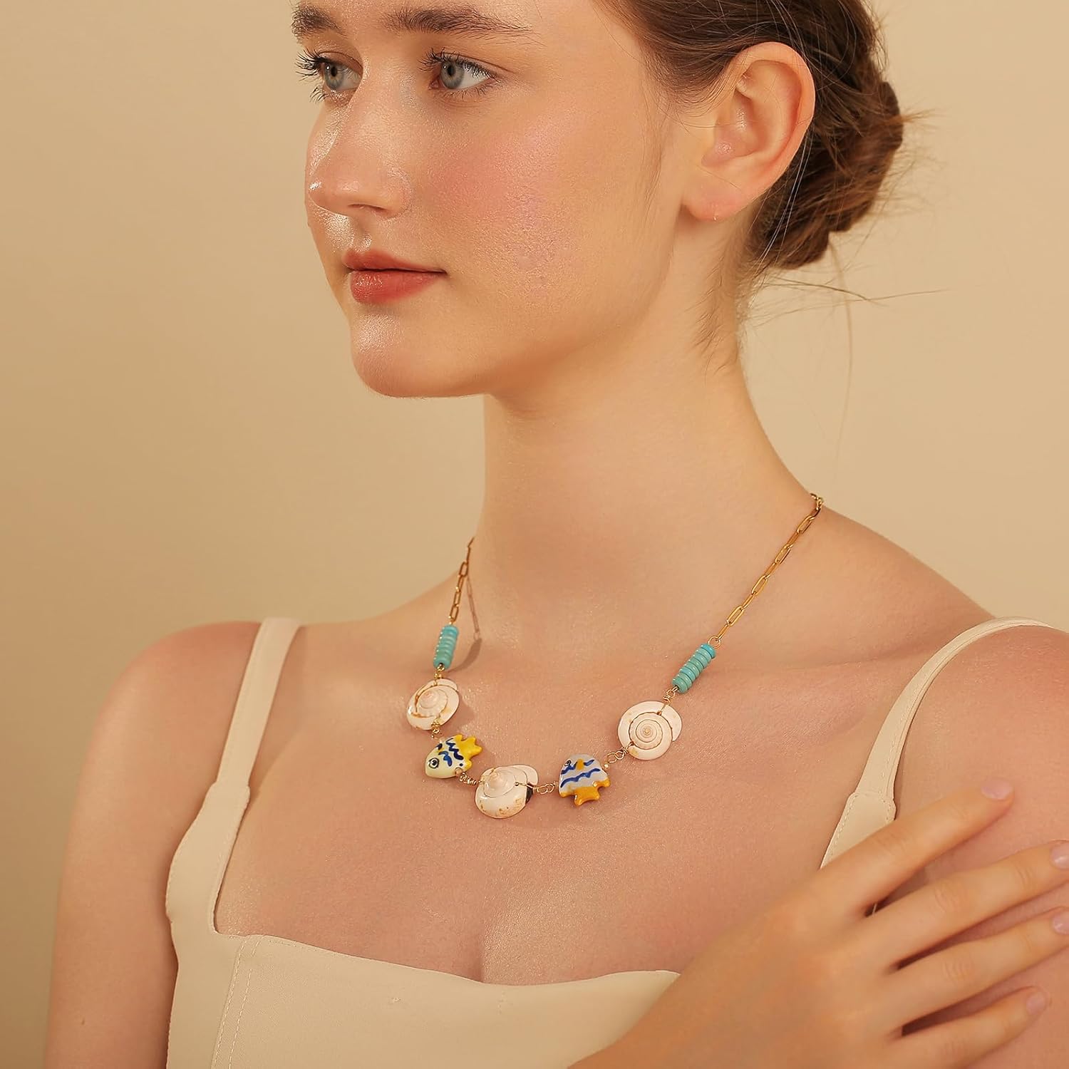 Delicate Seashell Charms Stainless Steel Necklace for Women, Gold Chain with Tropical Fish, Starfish, Conch Cute Summber Beach Jewelry - Image 3