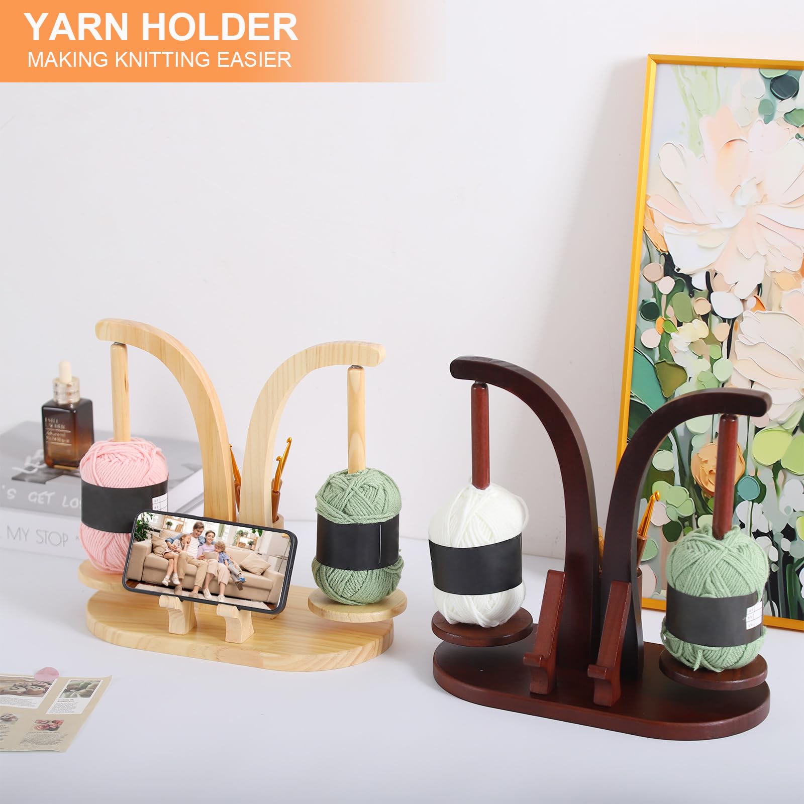 Svolgitore magnetico in legno con organizer per accessori a maglia, supporto per filo rotante per lana, con supporto per cellulare per amanti del uncinetto (legno naturale)