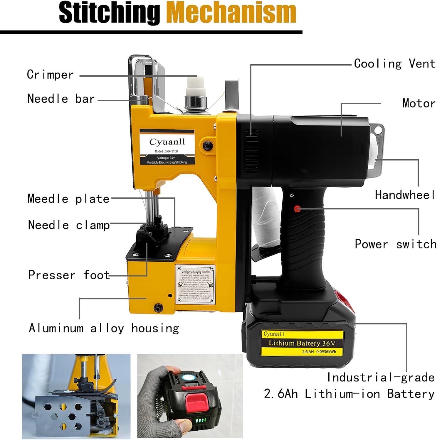 Bag Sewing Machine-Portable Battery Handheld Cordless Bag Sewing Machine,Automatic Bag Stitcher With Thread for Burlap Sack, Canvas,Feed Sacks,Rice Bags,Jute Bags,Seed Bags(Machine+1 battery)-Yellow