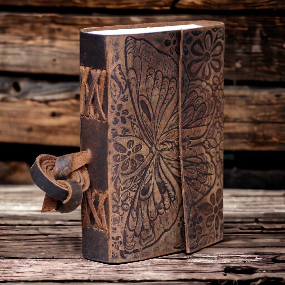 Butterfly Flower Embossed Leather Journal Notebook Diary, Handmade Leather Bound Writing Journal, Travel Diary, Grimoire, Sketchbook Office Handbook 5 x 7 inches, Leather Journal for Women
