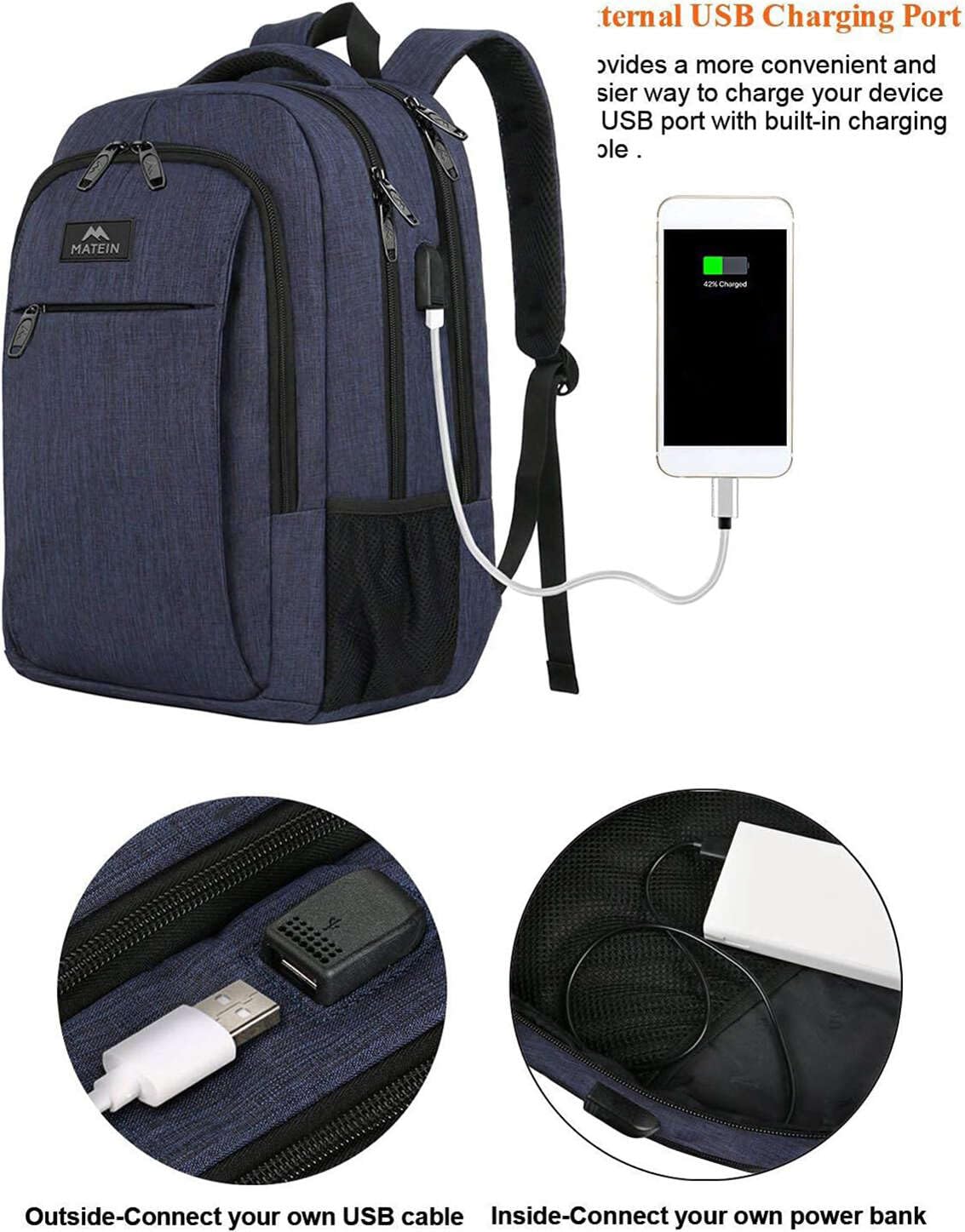 MATEIN Zaino Uomo, Zaino Porta PC 15,6 Pollici con Caricatore USB Zaino da lavoro, Zaino per PC Portatile Impermeabile Zaino per Laptop, Computer, Notebook, Scuola, Viaggio Regalo Uomo & Donna, Blu