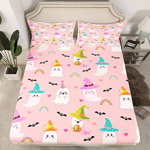 Sábanas de cama tamaño matrimonial, juego de ropa de cama de fantasma de dibujos animados para niños, sábana bajera ajustable de murciélagos de