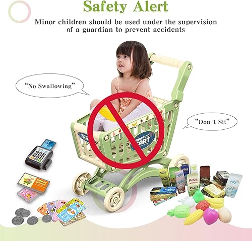 Miniatura 9 de RedCrab Carrito de compras para niños, juguete de supermercado, 54 piezas, incluye carrito de comestibles, tarjeta de crédito, frutas y verduras,