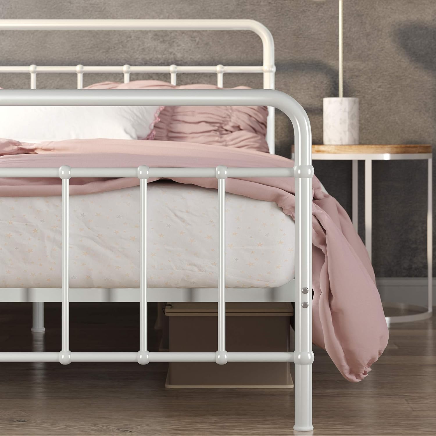 Close-up of the ZINUS Florence bed frame showing the 10-inch under-bed clearance, with a storage box visible underneath.