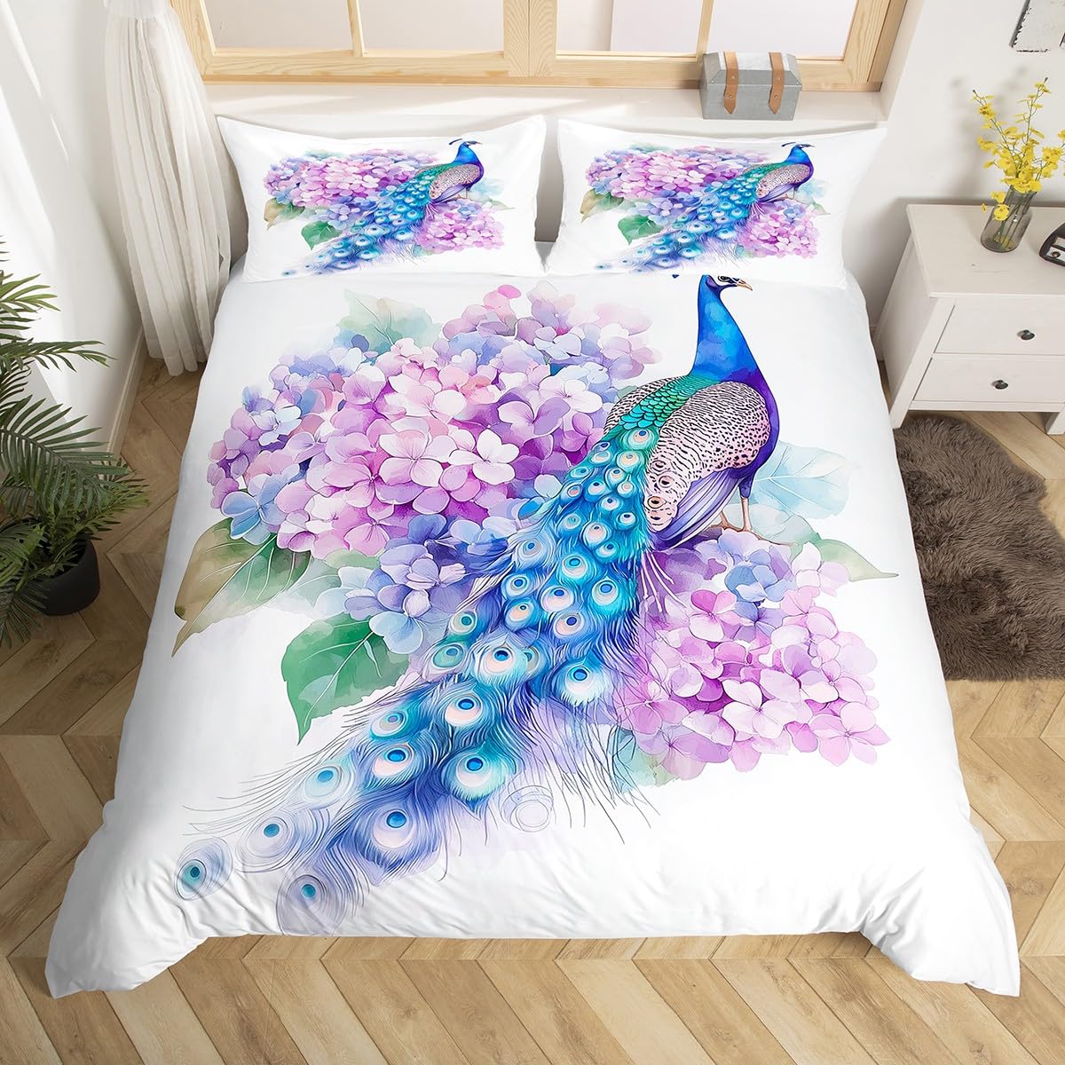 Homewish Peacock King Comforter Cover,Purple Hydrangea Floral Duvet Cover for Kids Boys Girls Teens Feather Bird Wildlife Animlas Bedding Set Aesthetic Botanical Decor Bedspread Cover