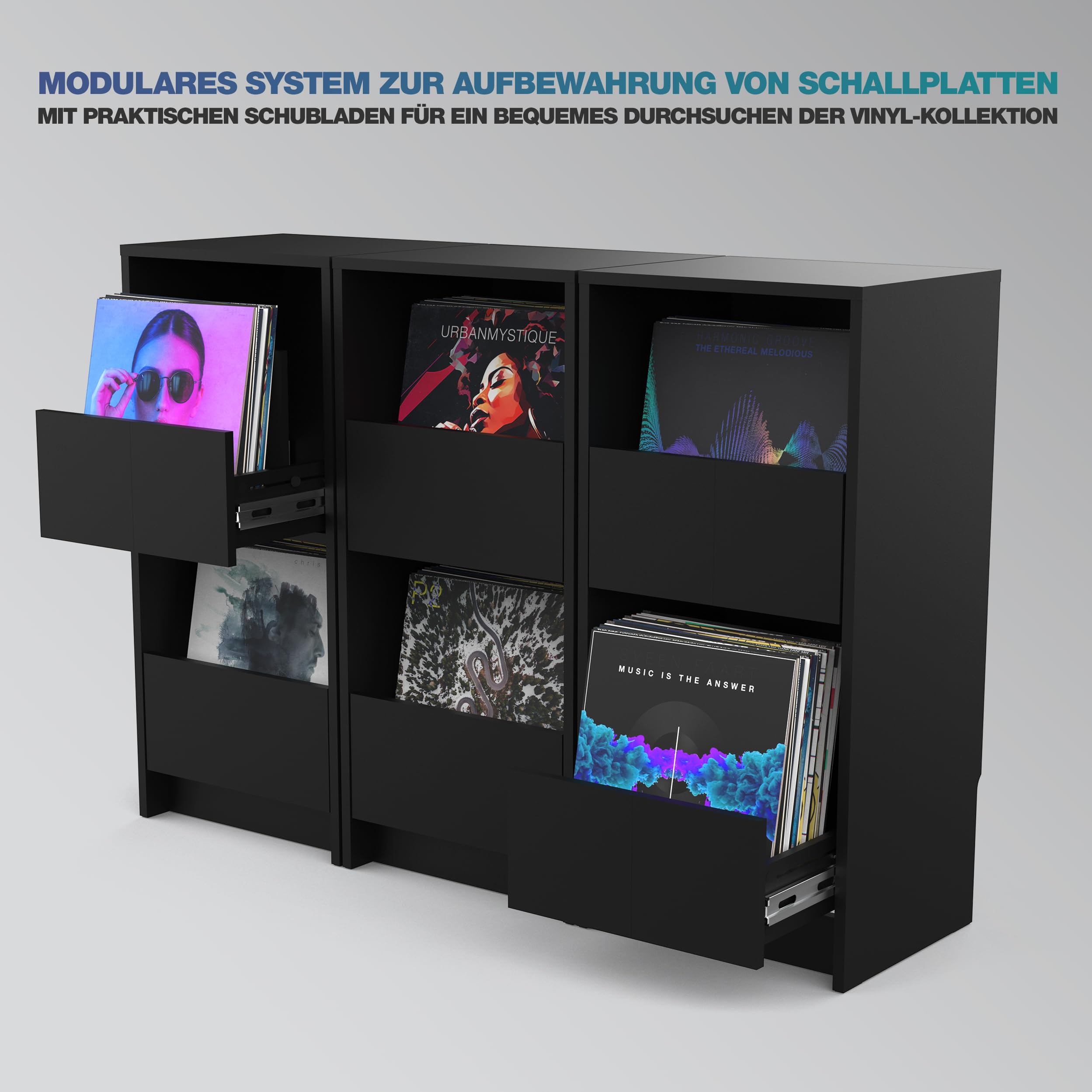 Glorious Vinyl Vault - Armadio per dischi con cassetti a chiusura morbida per LCD da 12", spazio per 160 album, design modulare, nero