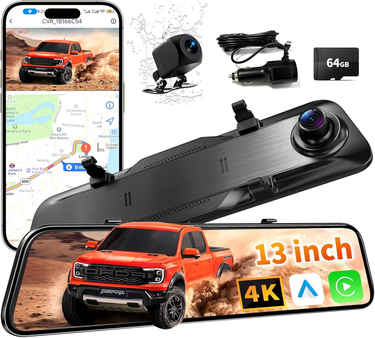 2026 Ultrawide 13’’ 4K Rear View Mirror Camera with Carplay&Android Auto, 5.8GHz WiFi Smart Rearview Mirror with Voice Control/Split Screen, 64GB Card Included,Reverse Assist//Loop Record/G-Sensor
