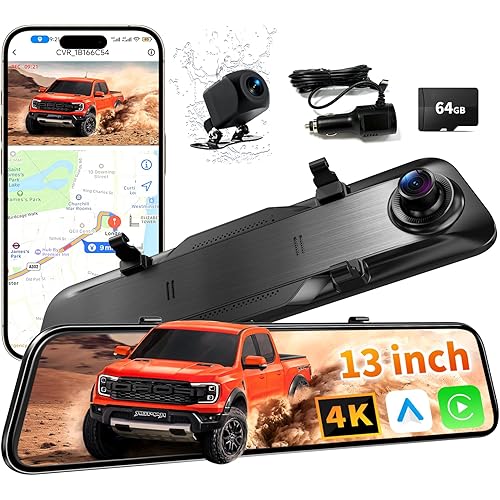 2026 Ultrawide 13’’ 4K Rear View Mirror Camera with Carplay&Android Auto, 5.8GHz WiFi Smart Rearview Mirror with Voice Control/Split Screen, 64GB Card Included,Reverse Assist/Loop Record/G-Sensor