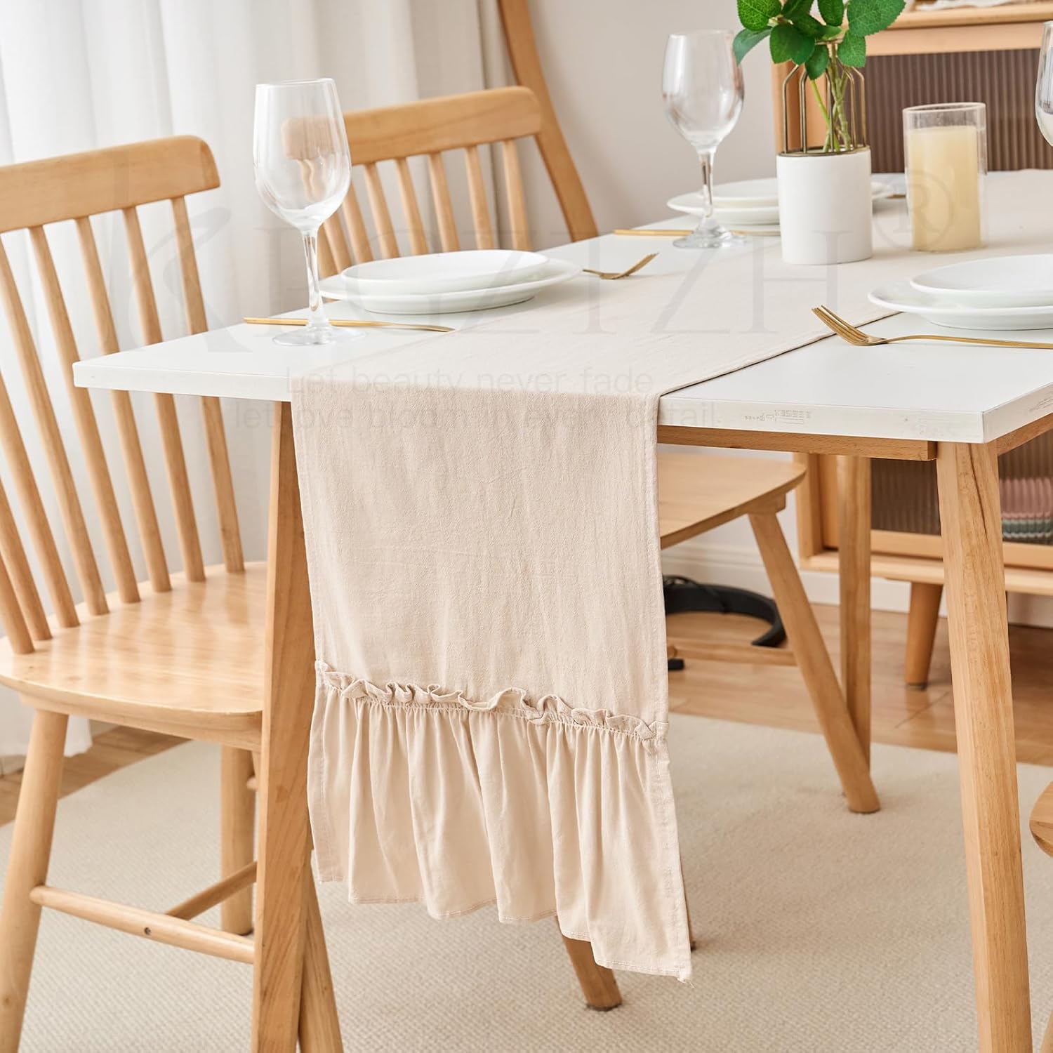 Beige Shabby Chic Ruffled Table Runner:Farmhouse Retro Table Runners for Table Decor Rustic Home Table Decoration,Cotton Tablecloth Flounces Trim for Wedding Christmas Decor 30x180cm(12x71inch)