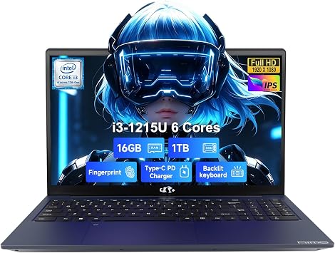 NIMO 15.6 IPS FHD Laptop, 16GB RAM 1TB SSD Intel i3-1215U Beat R5-7520U, 6 Cores Up to 4.4GHz Student Computer with 65W Fast PD, Fingerprint, Backlit Keyboard, Wi-Fi 6, for Home