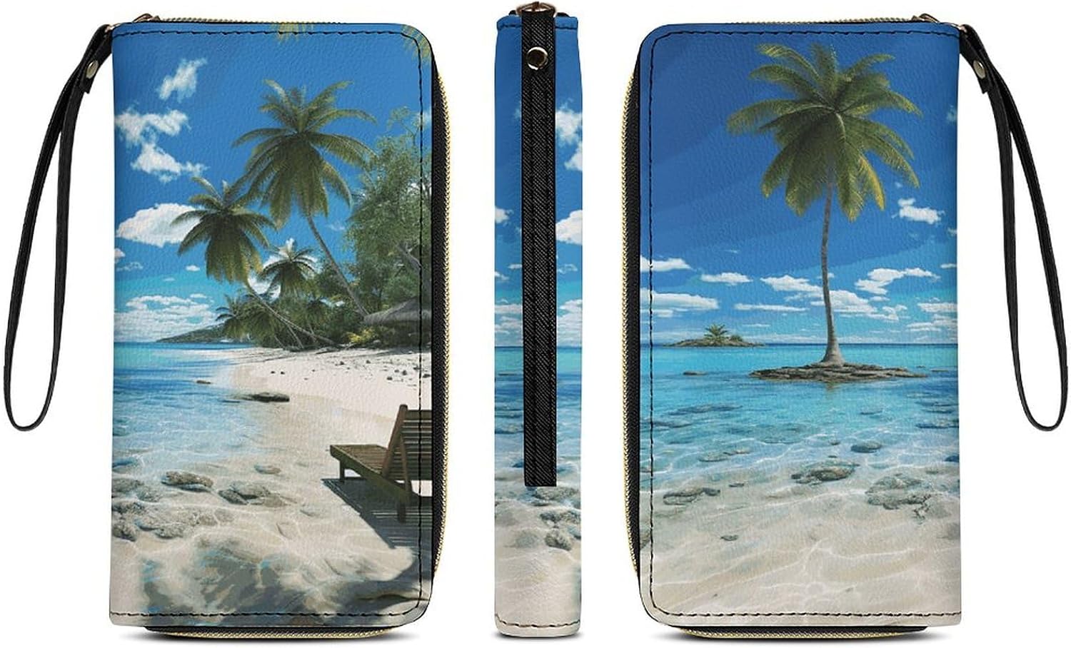 Womens Wallet Beach Palm Tree Printed Wristlet Wallets for Women Large Capacity Credit Card Holder Ladies Phone Clutch Leather Zip Around Clutch Wallet