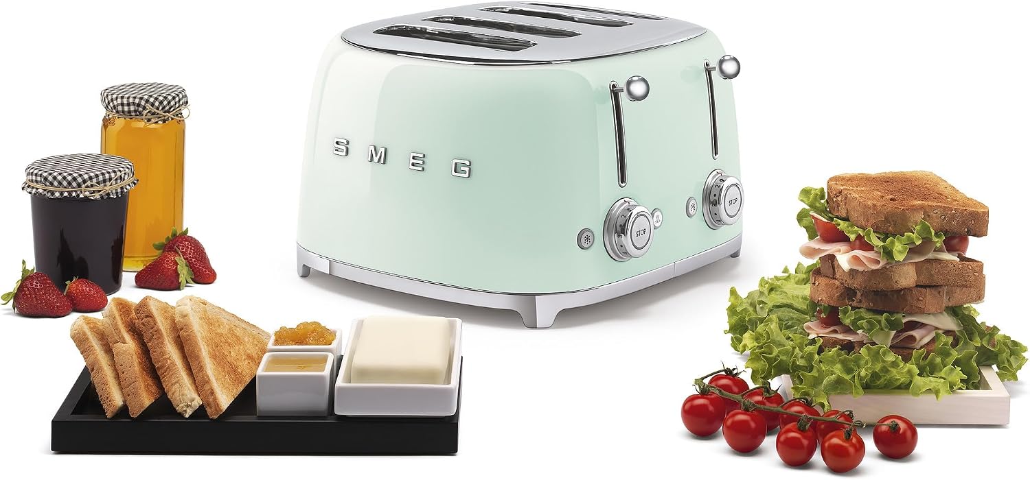 SMEG 4 Slice Toaster TSF03, Retro Stainless-Steel Toaster with Wide Slots for Bagels, 6 Browning Levels, Defrost Reheat Bagel Functions, Dual Controls, Crumb Trays, 1800W - TSF03PGUS - Pastel Green