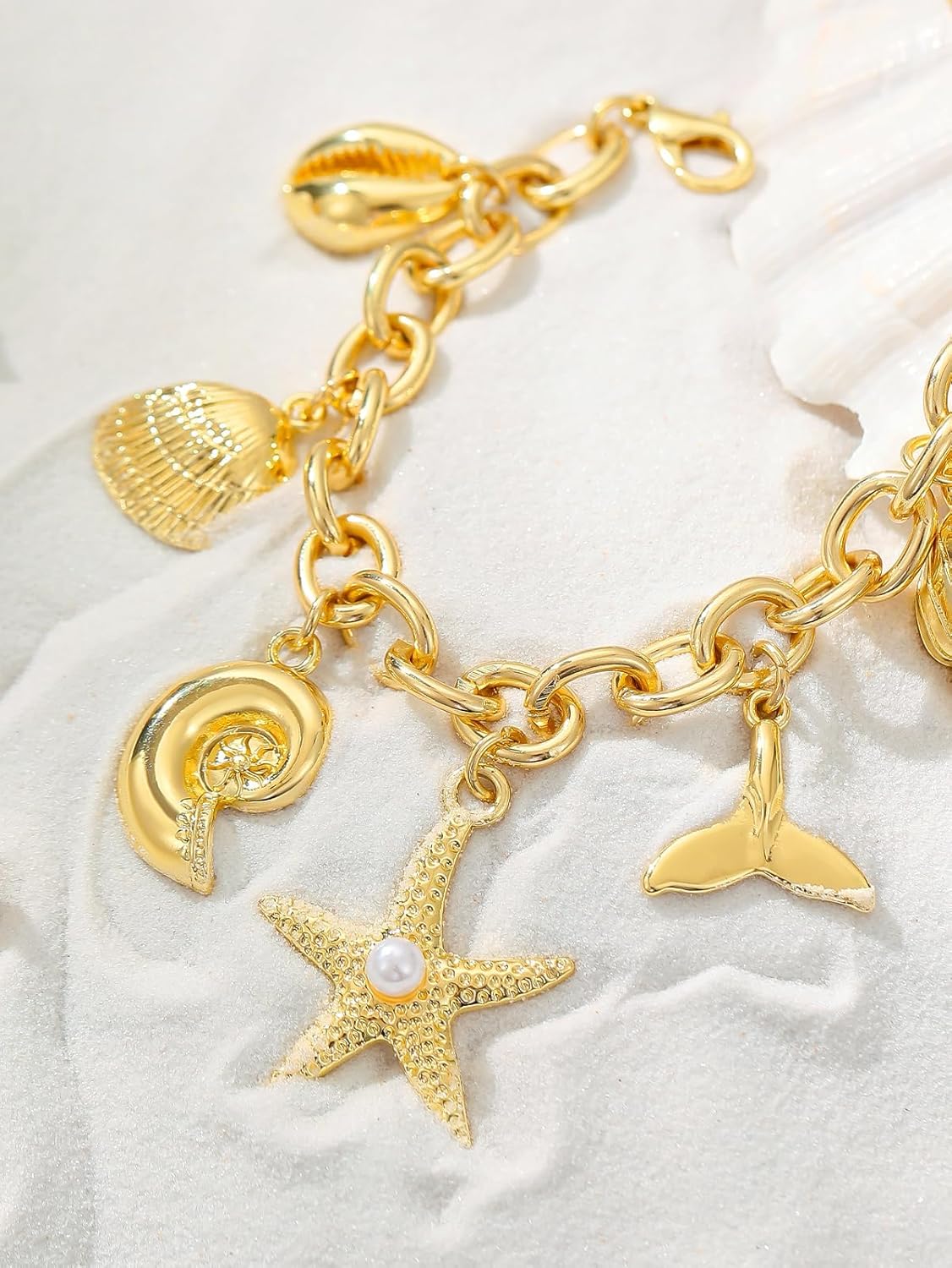 1PC Gold Seastar Bracelet for Women, Boho Adjustable Starfish and Conch Shell Charm Bracelet, Summer Beach Ocean Statement Jewelry, Stackable Dainty Seashell Bracelet - Image 5