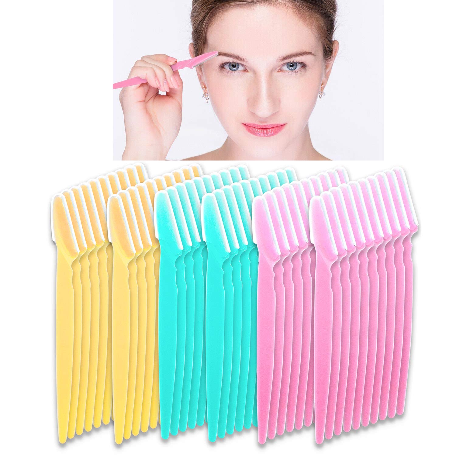 60 Pcs Eyebrow Razor BEoffer Eye Brow Trimmer Shaver Facial Face Hair Remover Exfoliating Dermaplaning Tool Kit Stainless Steel Blades with Cap Eyebrow Shaper for Women Men Makeup (Pink Blue Yellow)