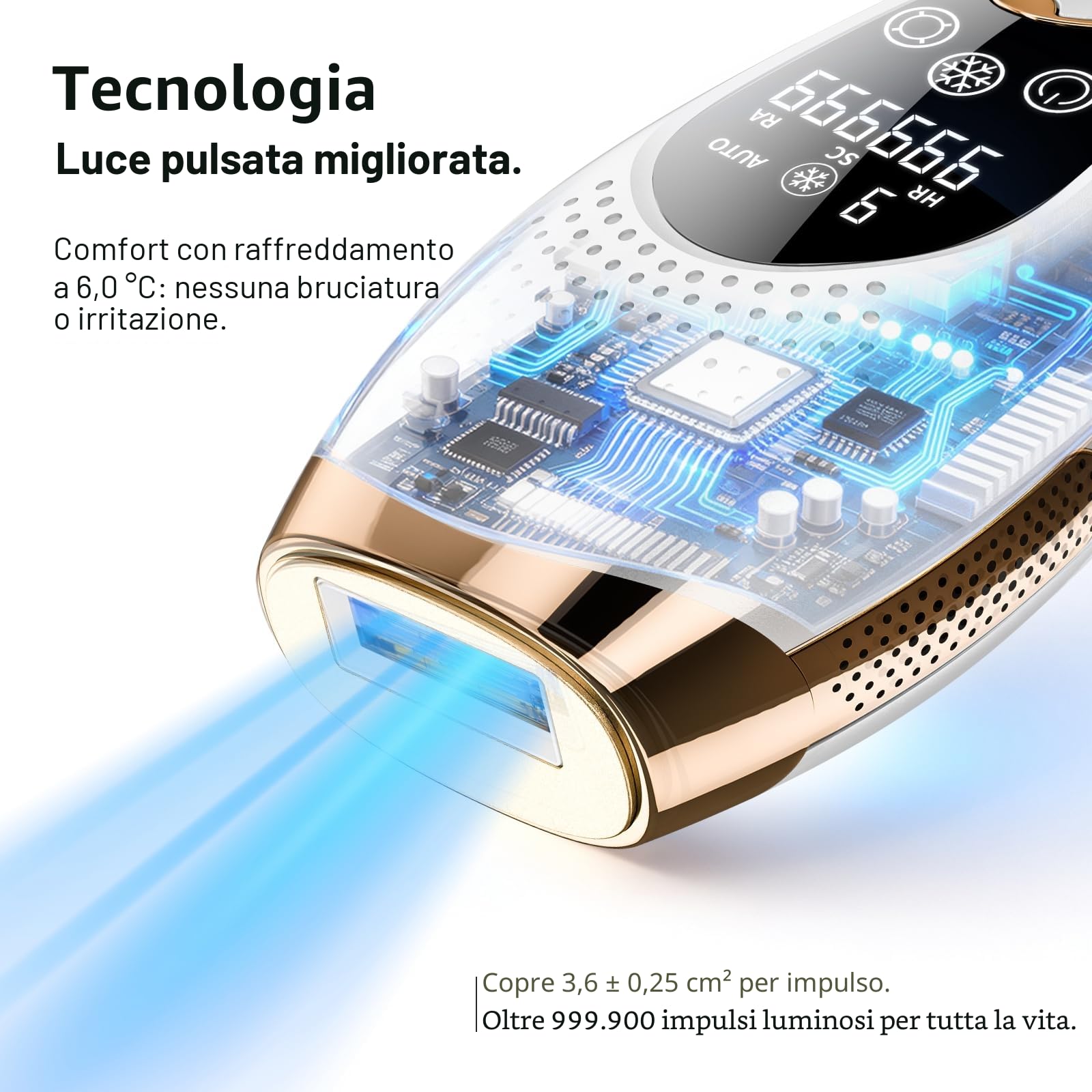 Epilatore Luce Pulsata 9 Livelli Con 6 Accessori, Epilatore Laser Peli Donna/Uomo Con Modalità Manuale E Automatica, Sensore Di Contatto, Funzione Ice Cool per,Bianco