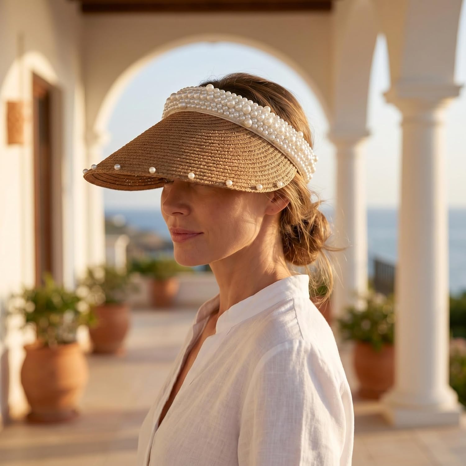 Mobestech Straw Sun Visor Hat for Women with Pearl Accent - Breathable Lightweight Beach Hat for Summer Vacation Outdoor Activities and Poolside Protection