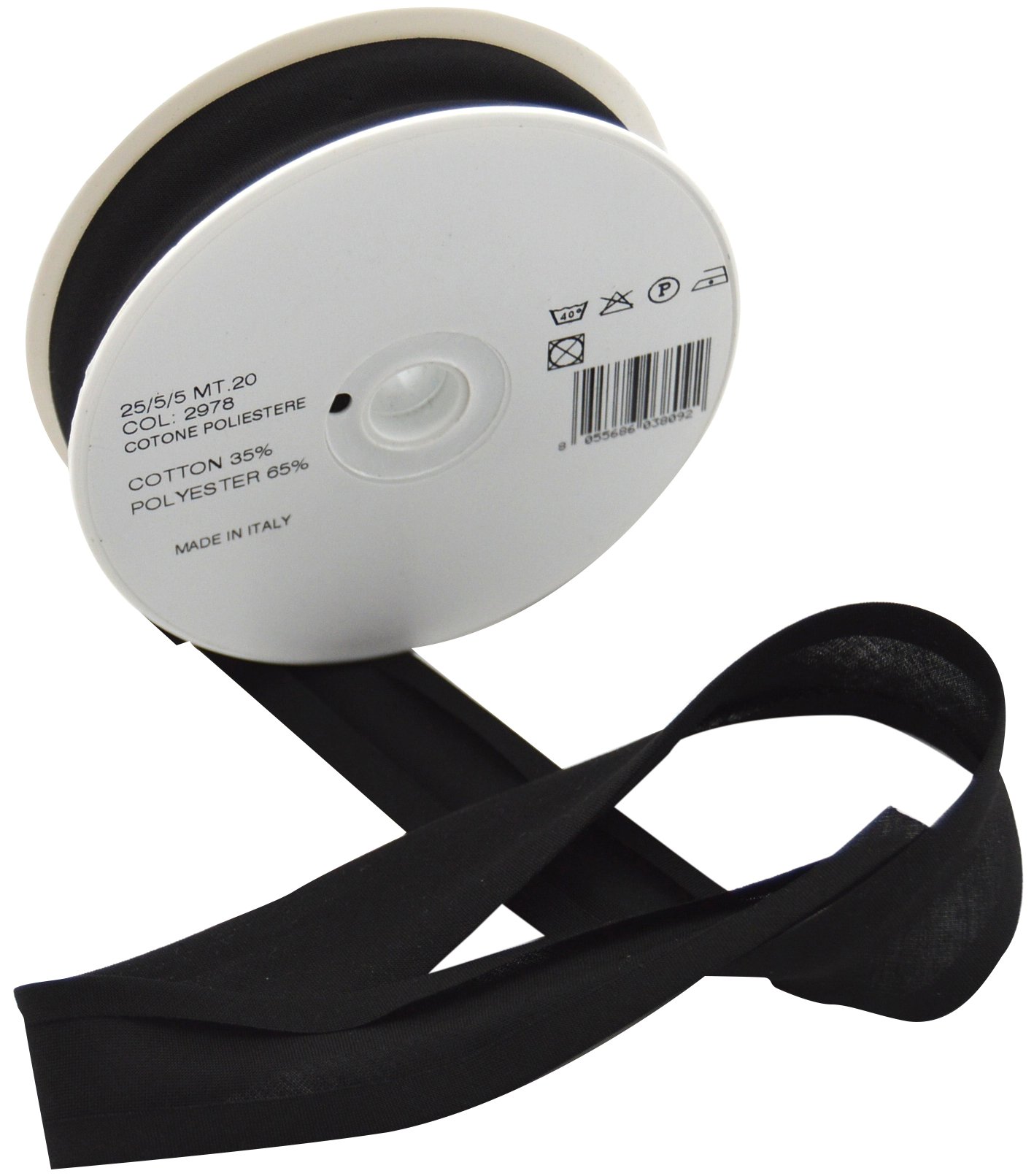 Inastri Black 25/5/5 Mm Bias Binding-Col. 2978-20M Roll, Polycotton,