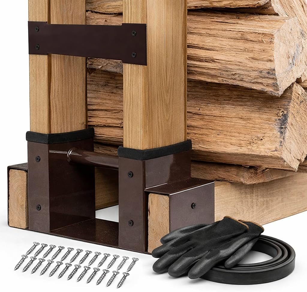 TIDYBOSS 2 Pack Firewood Rack Outdoor | 2x4 Brackets for Wood | Lumber Storage Rack Log Holder | Adjustable to any Length with Seal Strip, Gloves, Steel Plates and Screws (Dark Brown)