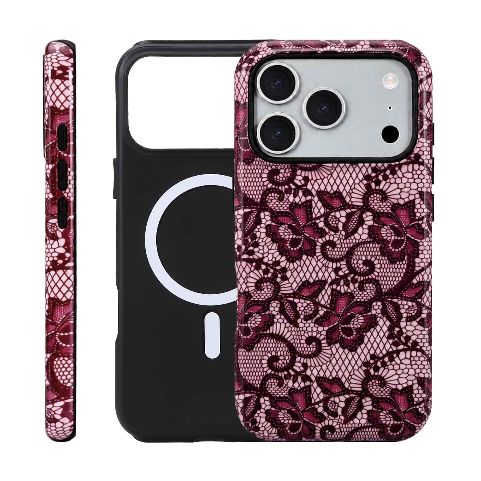 for iPhone 17 ProMax/18 ProMax Case - Wireless Charging for MagSafe, Dual-Layer Design (Hard PC Shell, Soft TPU Lining), Shockproof Protective Case for Women - Red & Gold Lace Print Aesthetic