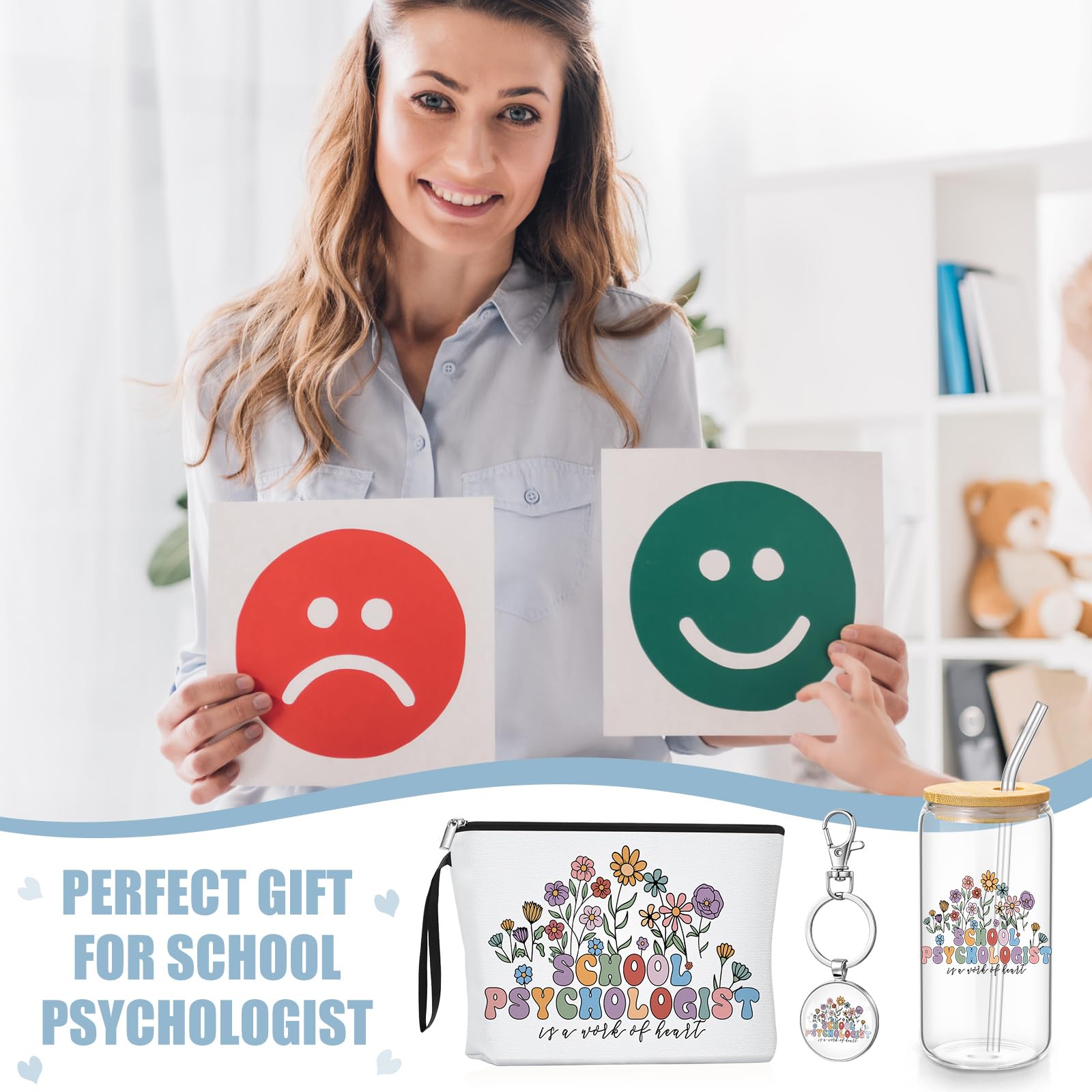 Kacctyen School Psychologist Gift Set for Women, Appreciation Gifts Includes Makeup Bag, 17 oz Glass Cup with Lid and Straw & Keychain, Thank You for School Psychologists