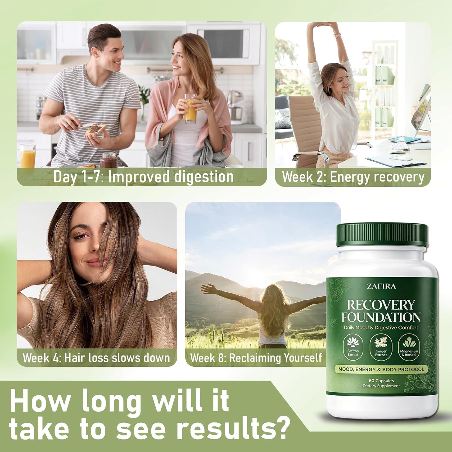 Zafira Recovery Foundation Mood & Digestive Support Capsules with Saffron Extract, Ginger Extract, Magnesium & Inositol, Daily Support for Focus, Mood, Energy & Gut Comfort, Non-GMO, 60 Capsules
