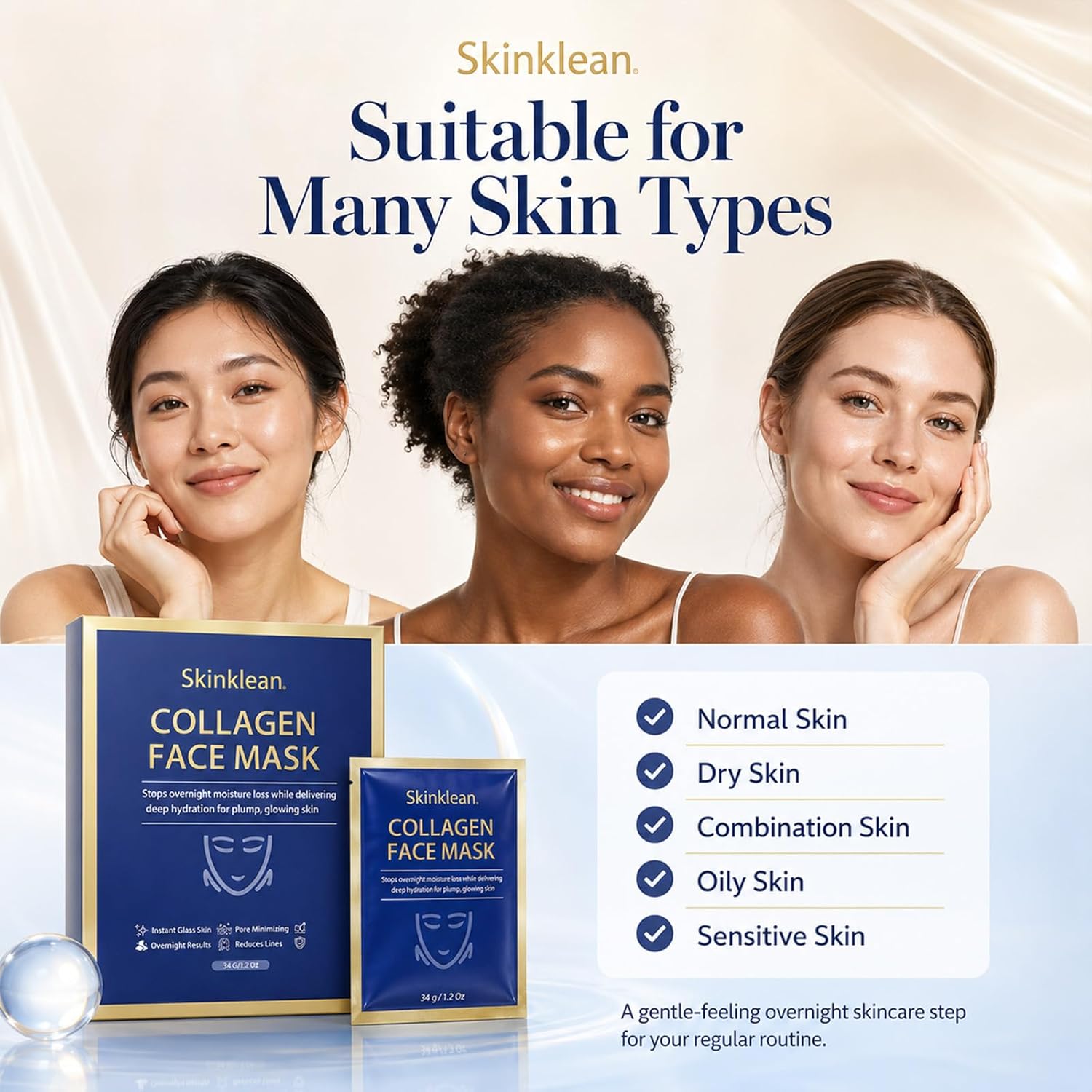Skinklean Collagen Face Mask - Deep Hydration & Refreshing Glow, Gentle Daily Care for All Skin Types, Contour-Fitting At-Home Spa Experience (1 Set/4 Patches)
