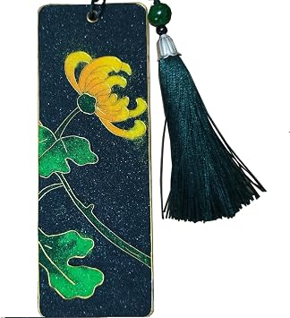 Decorative Bookmark with Yellow Chrysanthemum Design, Black Background, Green Tassel