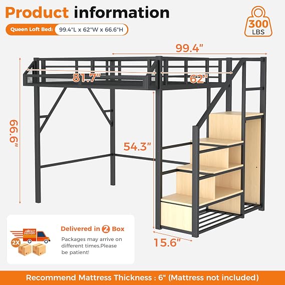 Metal Loft Bed with Reversible Staircase, Storage & Wardrobe, Queen Loft Bed Frame with Safety Guardrail, Space-Saving Loft Beds for Kids Teens Adults, Bedroom Dorm Small Apartment, Black