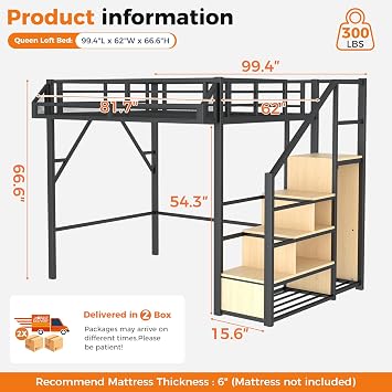 Metal Loft Bed with Reversible Staircase, Storage & Wardrobe, Queen Loft Bed Frame with Safety Guardrail, Space-Saving Loft Beds for Kids Teens Adults, Bedroom Dorm Small Apartment, Black