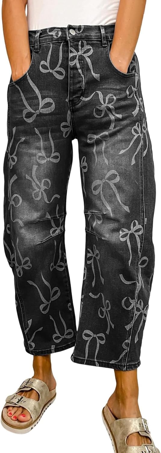 chouyatou Women's Bow Print Mid Rise Barrel Jeans Wide Leg Baggy Loose Y2k Boyfriend Denim Pants Jeans