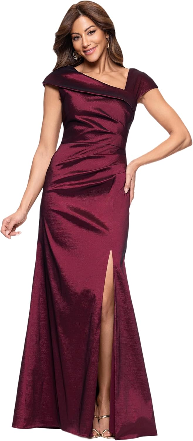 Xscape Women's Sleeveless Asymmetrical Taffeta Neck Gown with Side Slit, Wine, 4