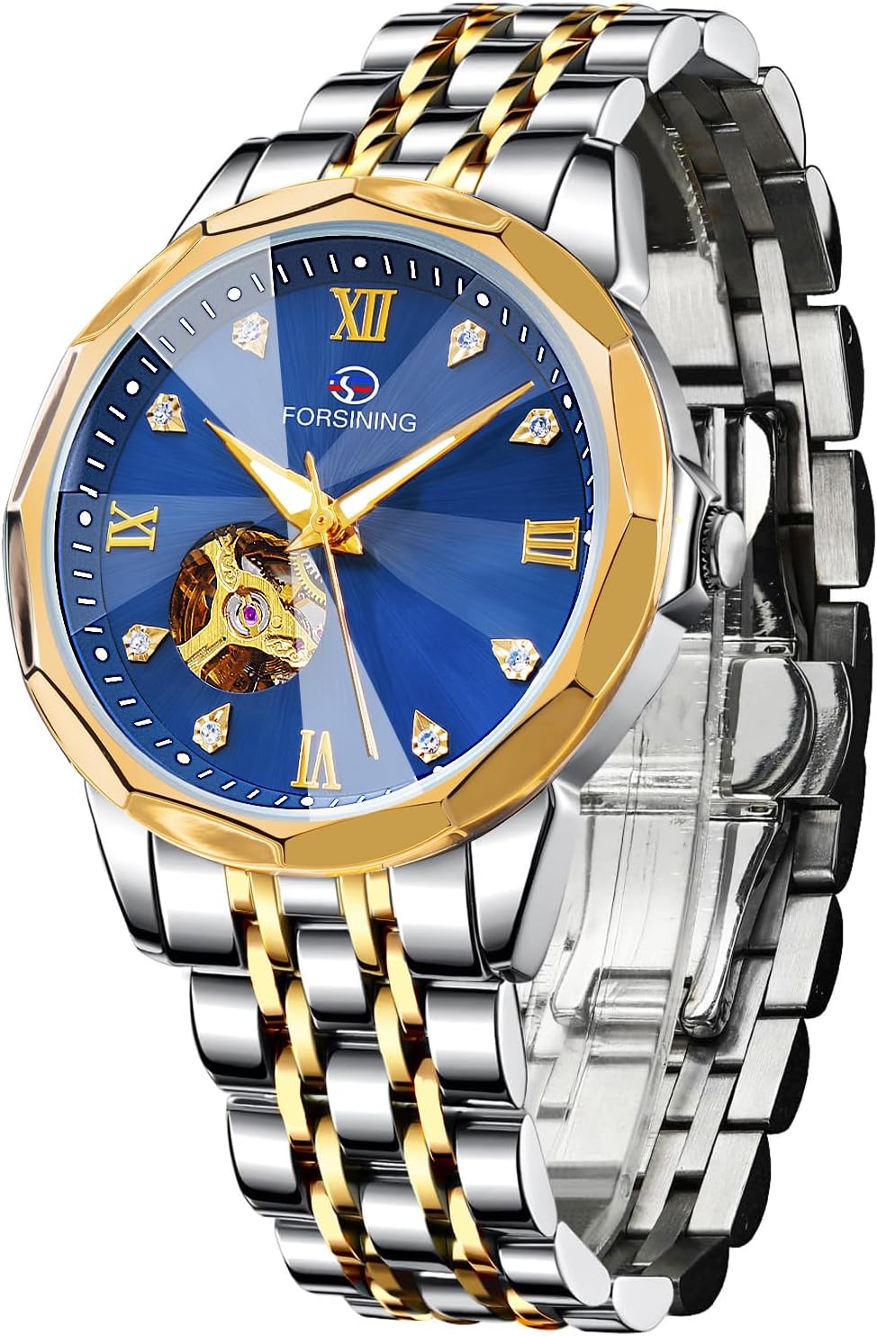 FORSINING Automatic Mechanical Watch, Self Winding Blue Gold Dial Design Skeleton Watch, Mechanical Tourbillon Fashion Men Watch Date Day Dress Watch Gift for Men