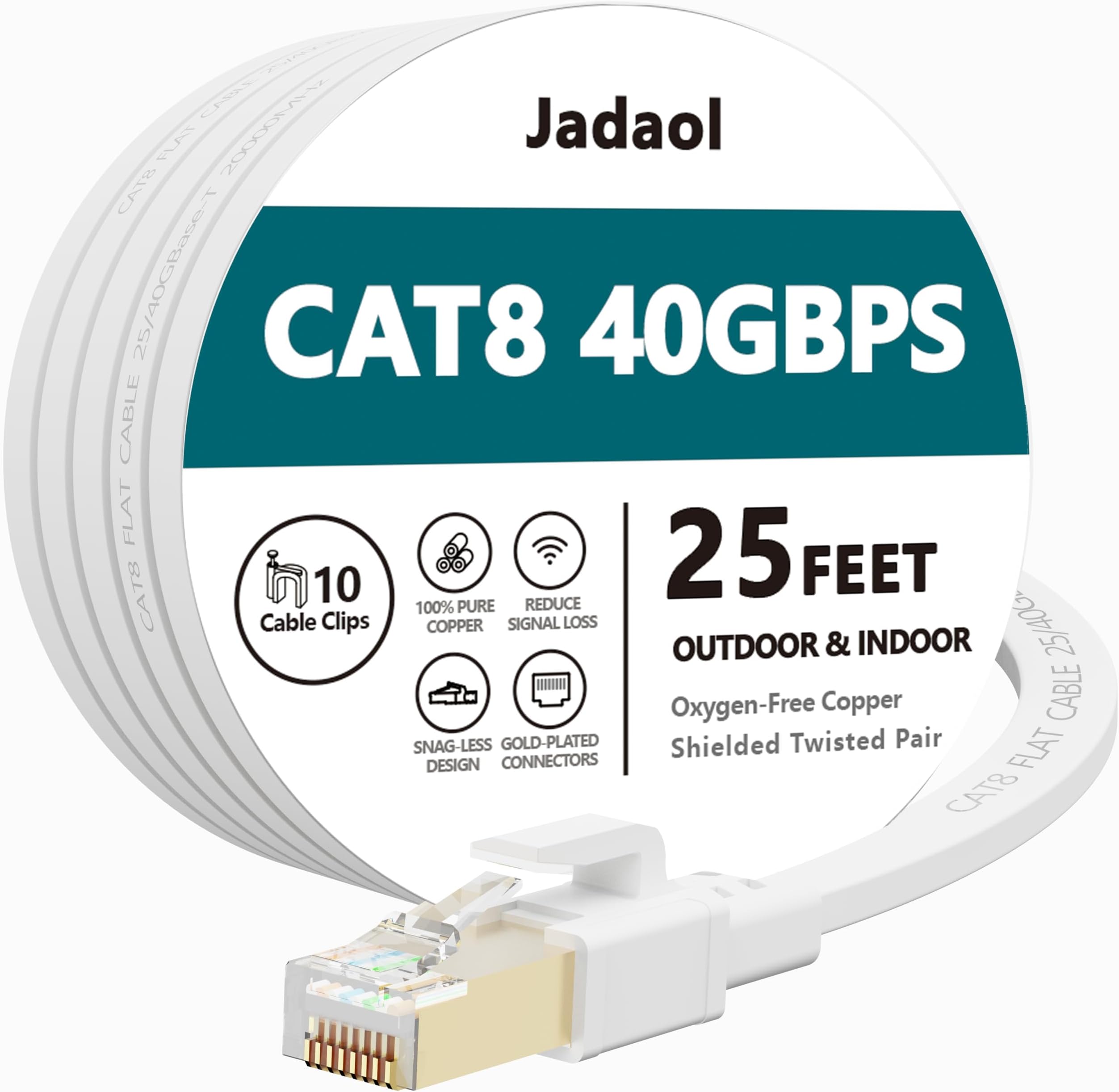 Cat 8 Ethernet Cable 25 ft, 40Gbps 2000MHz Flat RJ45 S/FTP LAN Patch Cable, High-Speed Cat8 Network Cable for Router, Modem, Switch, Gaming Consoles, PC, Home Network & Streaming Devices, White