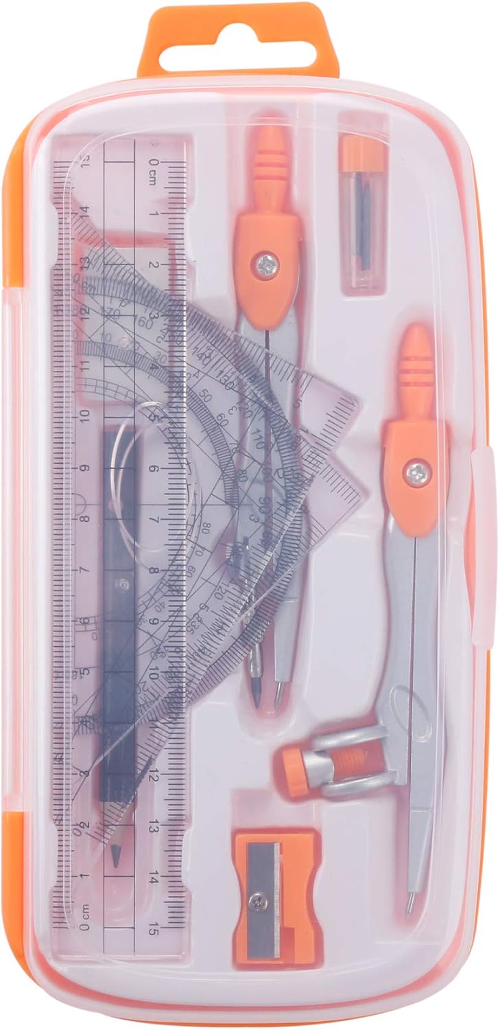 Unjoo Math Geometry Kit Sets 10 Piece Student Supplies with Shatterproof Storage Box,Includes Rulers,Protractor,Compass,Eraser,Pencil Sharpener,Lead Refills,Pencil,for Drafting and Drawings（Orange） : Office Products