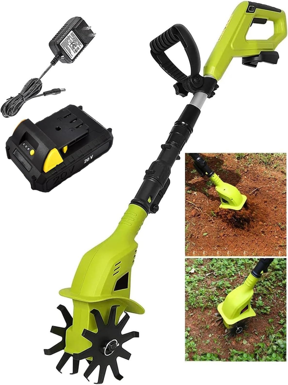 Cordless Electric Garden Tiller, Electric Garden Rotavator, Electric Powerful Soil Cultivator for Lawn, Handheld Battery Powered Rototiller, 10Cm Working Width, 25Cm Tilling Depth