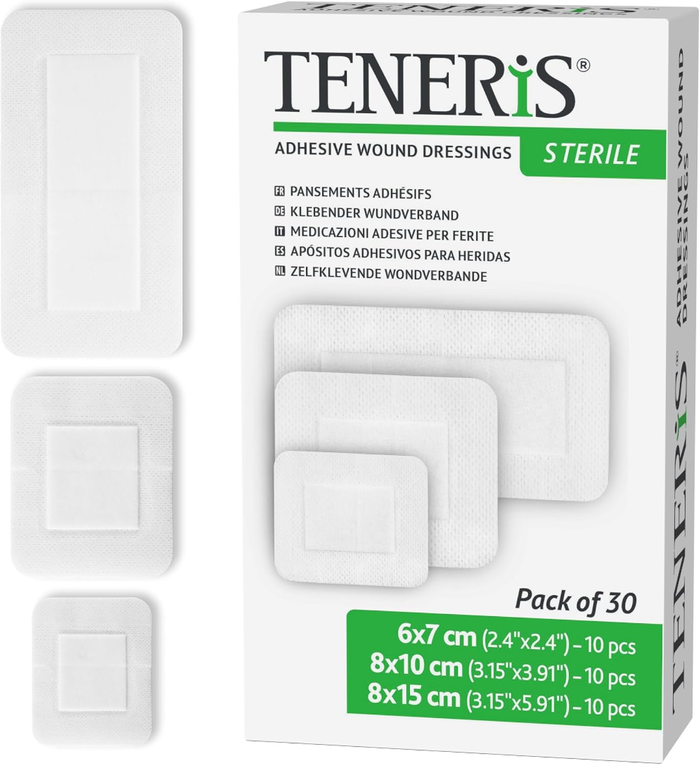 Sterile Adhesive Wound Dressings – Pack of 30 Assorted Sizes (6×7, 8×10, 8×15) – Individua