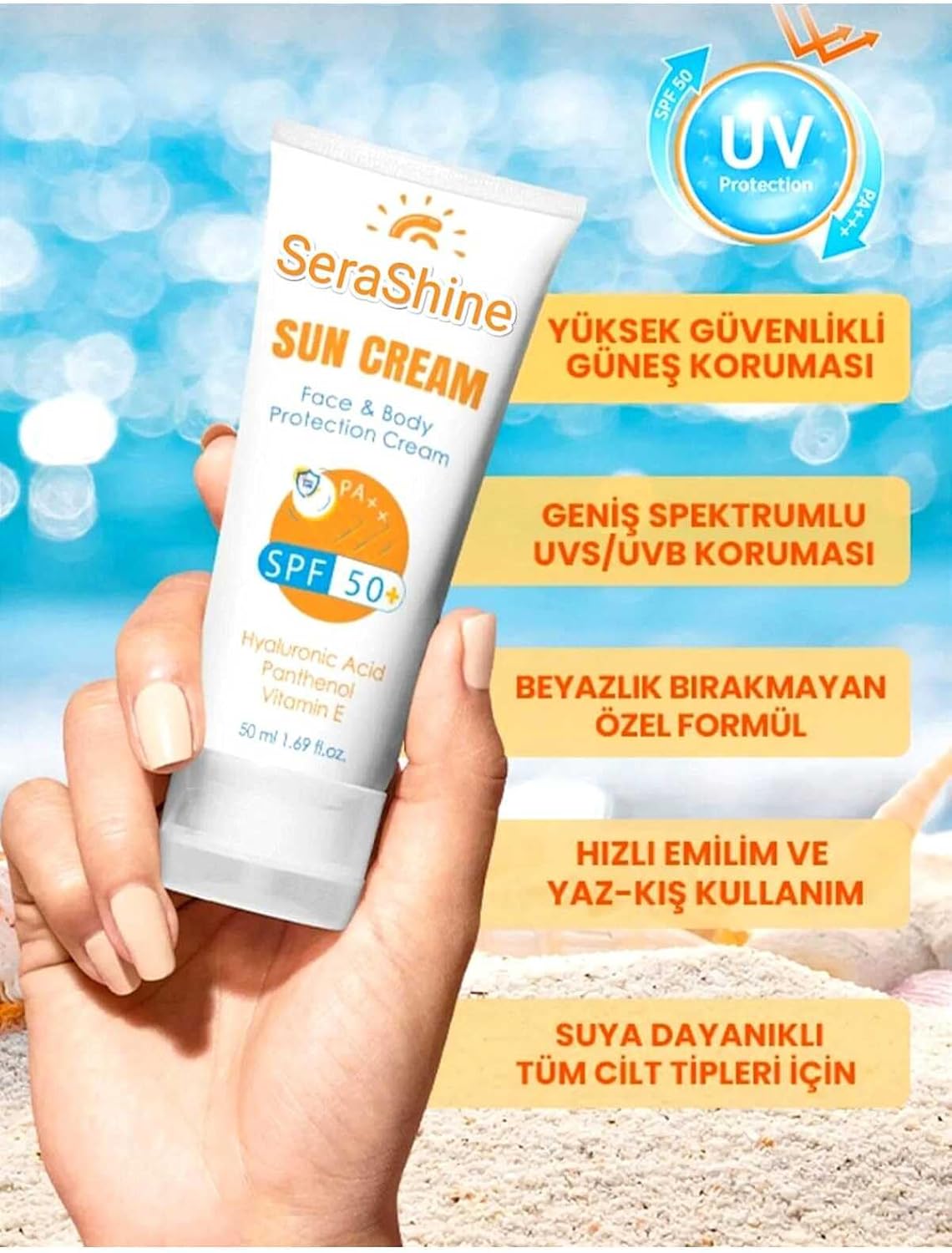 Güneş Kremi SPF 50 + Leke Karşıtı Hyaluronic Acid Nemlendirici Yüz Ve Vücut Protection Cream 50ml, TYCZ0T77UN172244917692878